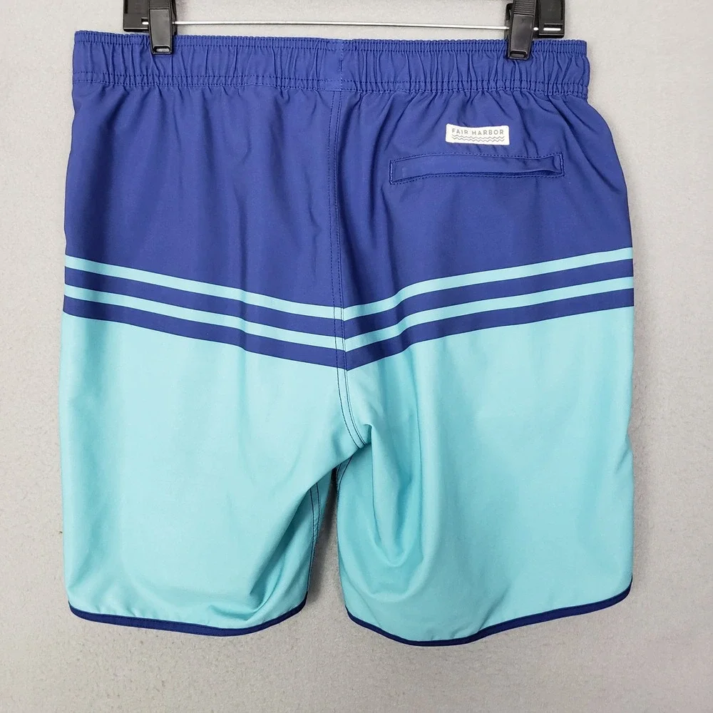 Fair Harbor Size L Anchor Lined Swim Shorts Aqua Cobalt Colorblock Stripe Surf